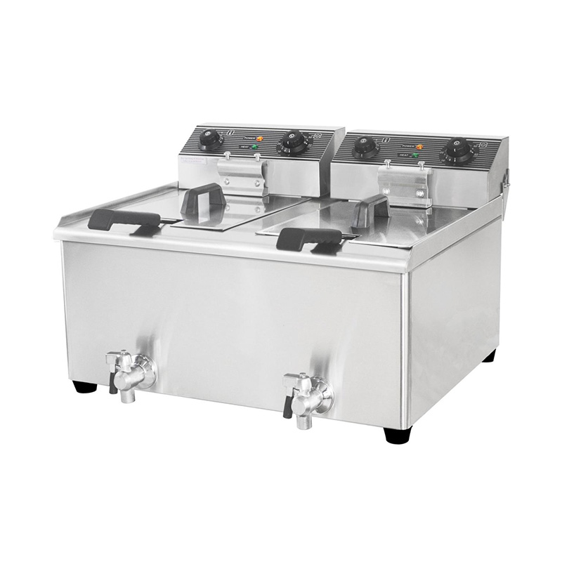 Double Baskets and Valve Stainless Steel Electric Commercial Countertop Deep Fryer