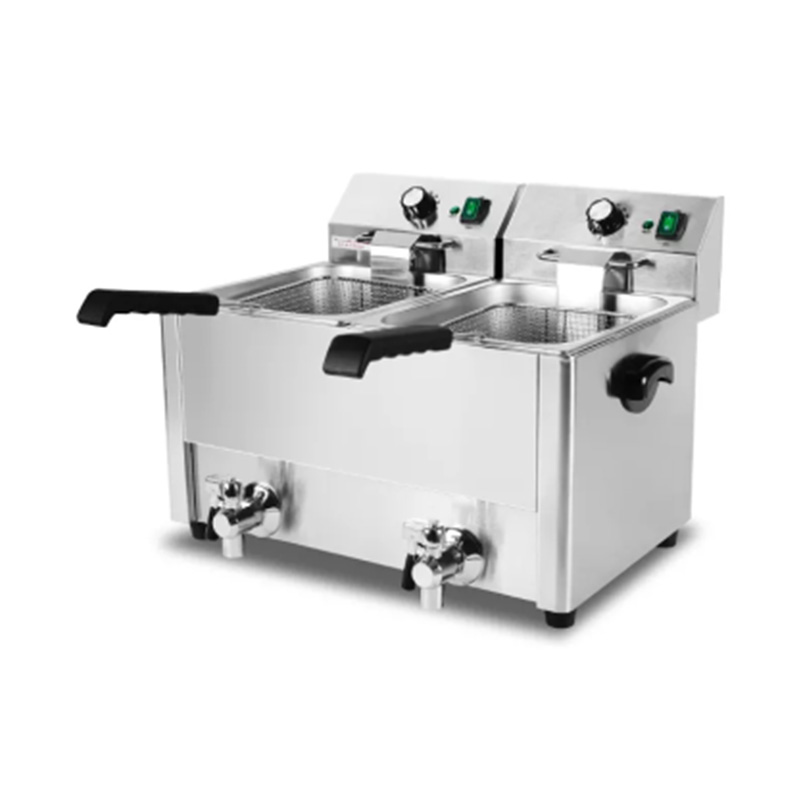 Double Baskets and Valve Stainless Steel Electric Commercial Countertop Deep Fryer