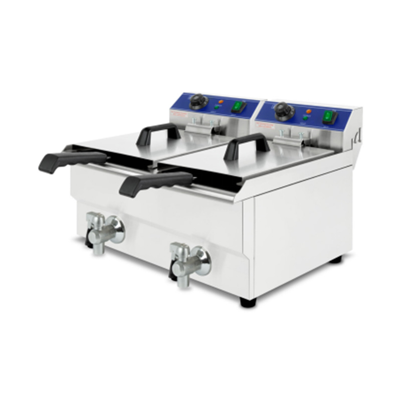 Double Baskets and Valve Stainless Steel Electric Commercial Countertop Deep Fryer