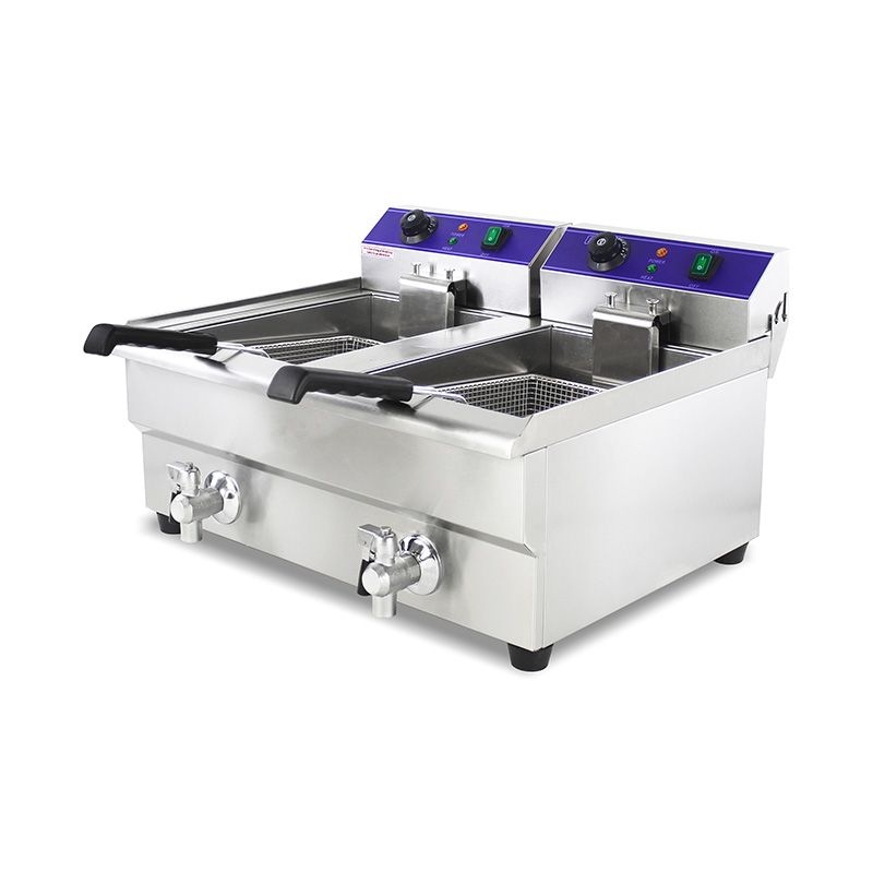 Double Baskets and Valve Stainless Steel Electric Commercial Countertop Deep Fryer