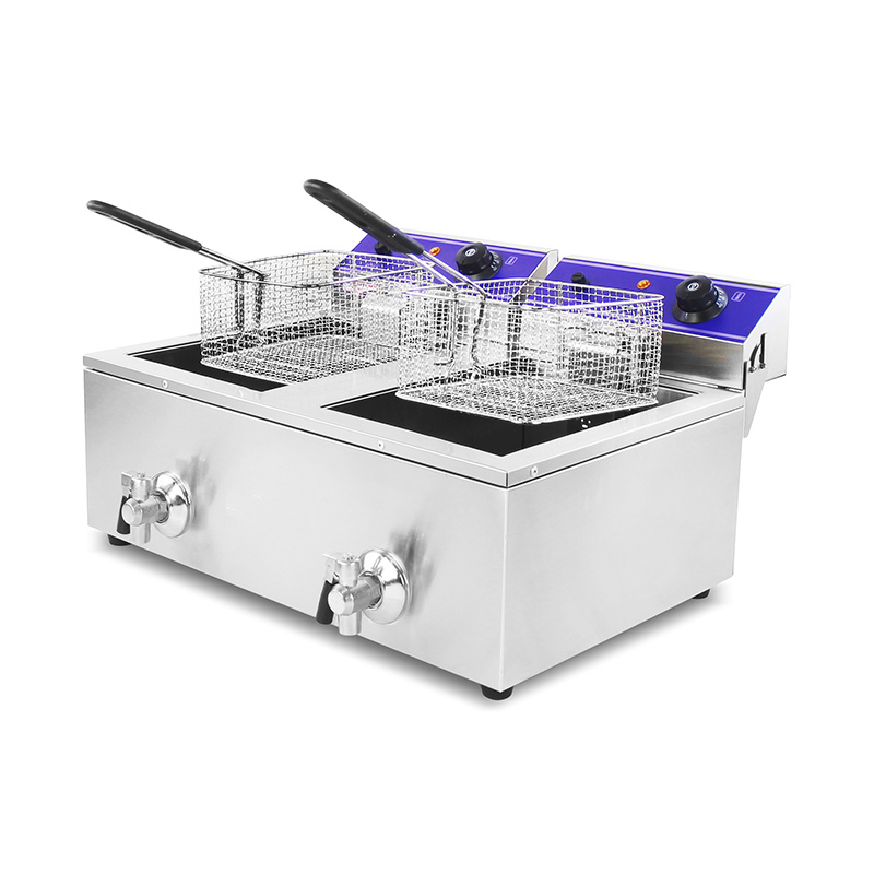 Double Baskets and Valve Stainless Steel Electric Commercial Countertop Deep Fryer