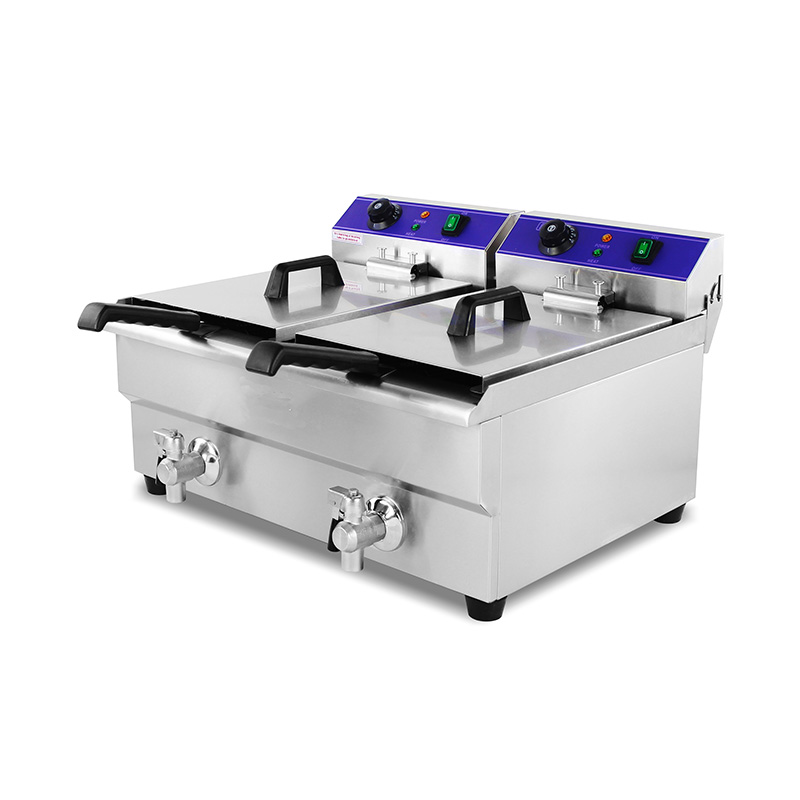 Double Baskets and Valve Stainless Steel Electric Commercial Countertop Deep Fryer