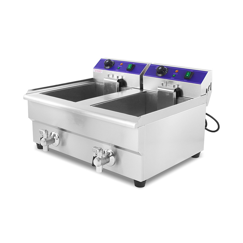 Double Baskets and Valve Stainless Steel Electric Commercial Countertop Deep Fryer