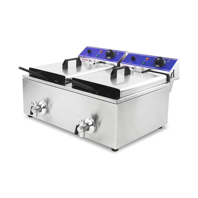 Double Baskets and Valve Stainless Steel Electric Commercial Countertop Deep Fryer