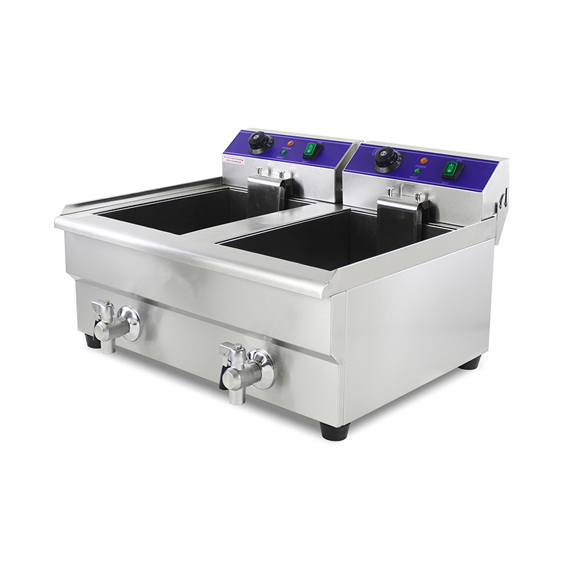 Double Baskets and Valve Stainless Steel Electric Commercial Countertop Deep Fryer