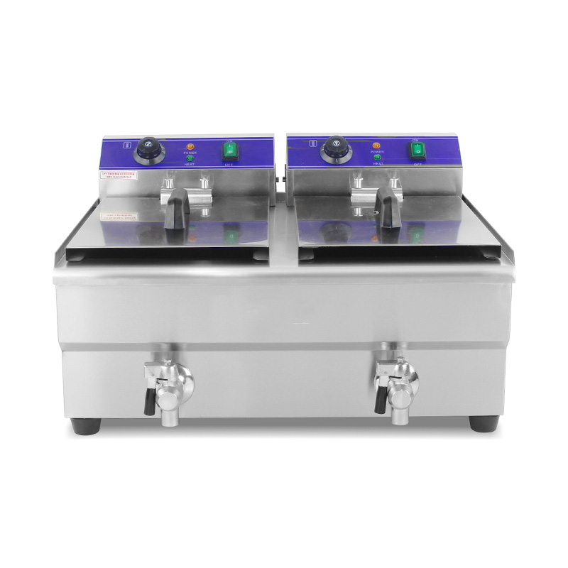 Double Baskets and Valve Stainless Steel Electric Commercial Countertop Deep Fryer