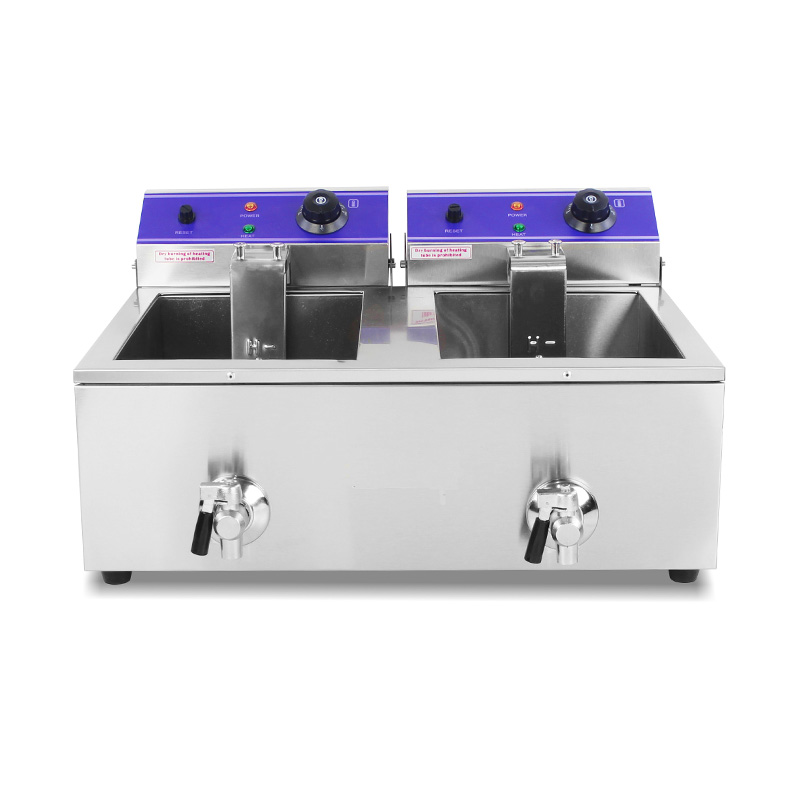 Double Baskets and Valve Stainless Steel Electric Commercial Countertop Deep Fryer