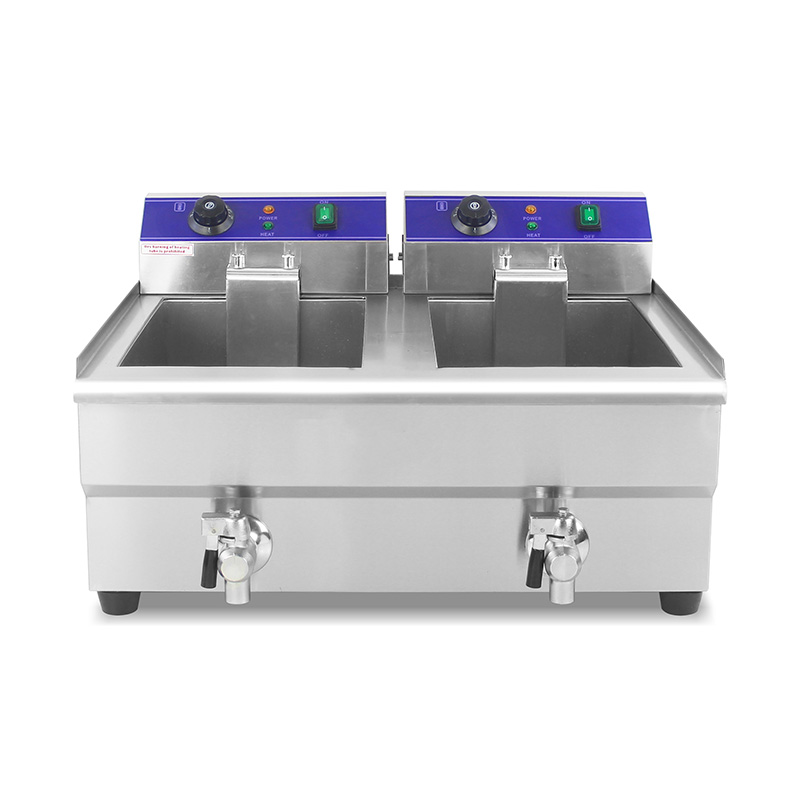 Double Baskets and Valve Stainless Steel Electric Commercial Countertop Deep Fryer