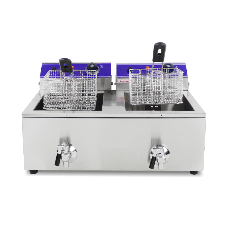 Double Baskets and Valve Stainless Steel Electric Commercial Countertop Deep Fryer