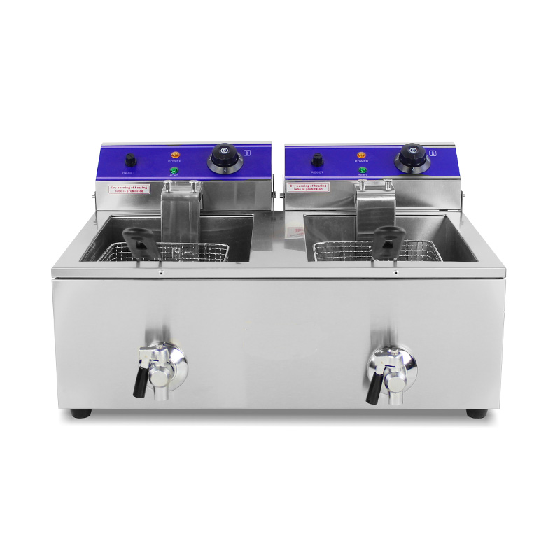 Double Baskets and Valve Stainless Steel Electric Commercial Countertop Deep Fryer