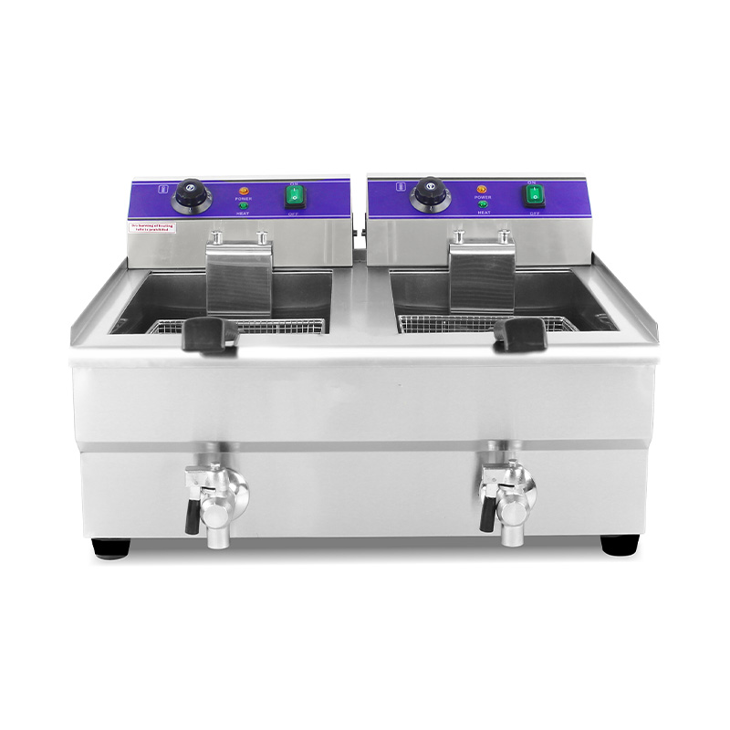 Double Baskets and Valve Stainless Steel Electric Commercial Countertop Deep Fryer