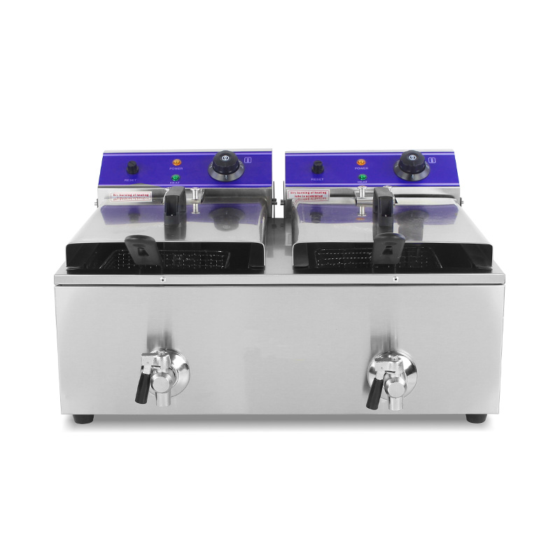 Double Baskets and Valve Stainless Steel Electric Commercial Countertop Deep Fryer