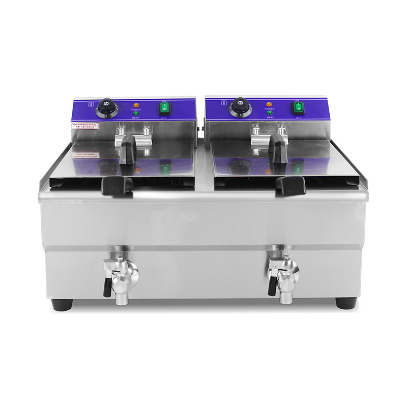 Double Baskets and Valve Stainless Steel Electric Commercial Countertop Deep Fryer